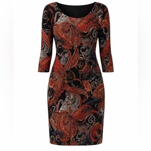 MSK Paisley Bodycon Dress Black Orange Stretch Medium